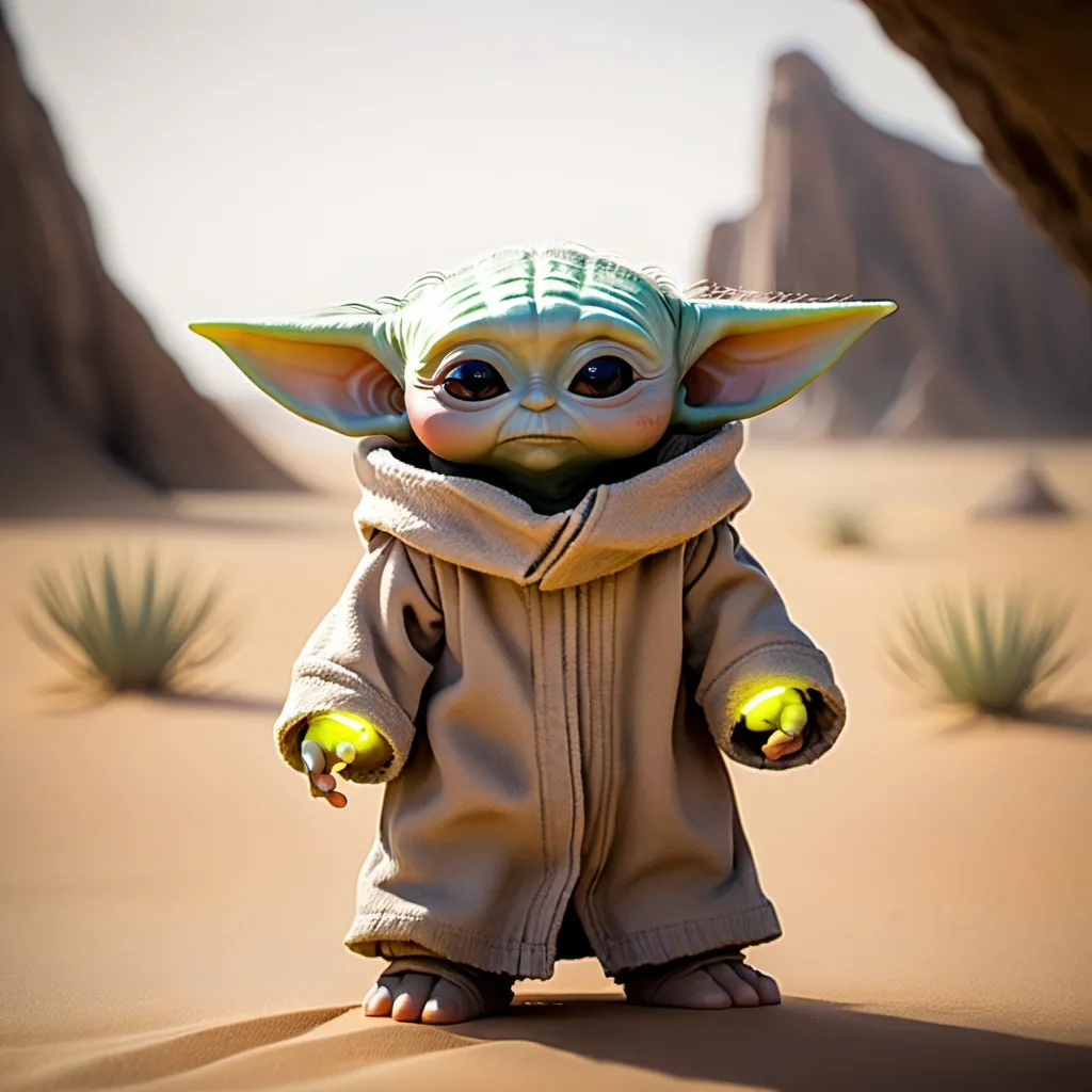 Prompt: Baby yoda from the Mandalorian series, standing in a desert.