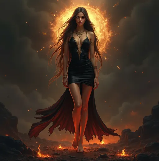 Prompt: Evil female deity, eyes open, seductive smile, long hair reaching down too ankles, gold jewelry, beautiful form fitting dress, celestial power radiating, beautiful, dark clothing, short dress, seductive smile barefoot, standing on ground covered in ashes and hot small coals