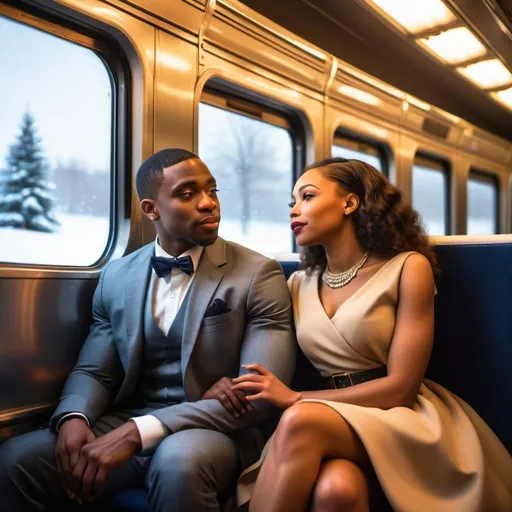 Prompt: A young mid thirties well dressed African American couple sitting together on a train, romantic, beautiful light skin woman, the man is looking out the window, large train window, snowy outside, warm train, Christmas time, nightime