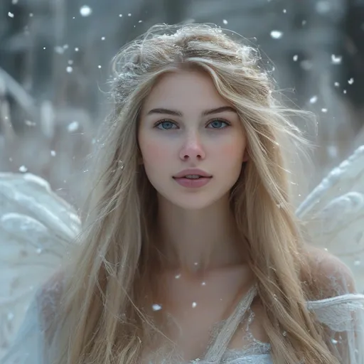 Prompt: Blond beautiful woman fairy, very long hair down to her knees, flying slightly above the ground, floating, celestial face, eloquent form fitting fancy white dress, floating over over a snow covered field, hovering in flight, realistic, snowflakes are falling very long straight white hair, hair is down to the ground, masterpiece quality, black young woman fairy, fairy clothes holding magic wand with a snowflake at the top, big wings, serious face, petite, barefoot, seductive smile, realistic, mystical, 