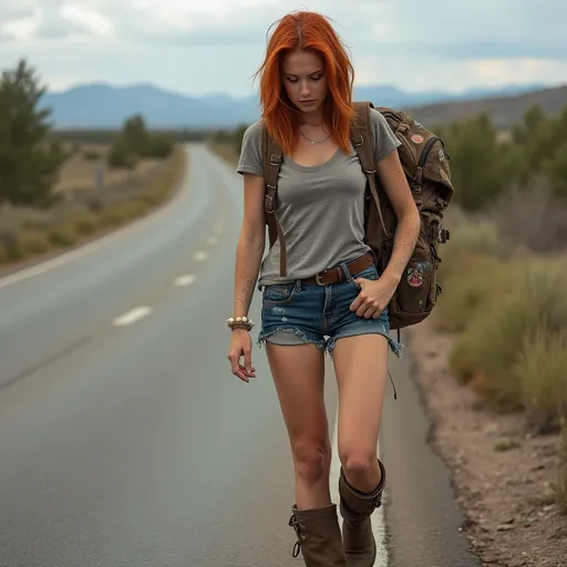 Prompt: Young woman with straight, freckles, knee high boots, shoulder length red hair, carrying a large worn backpack with patches and stickers on it, see is wear shorts and a tight t shirt, walking alongside a remote road, hitchhiker