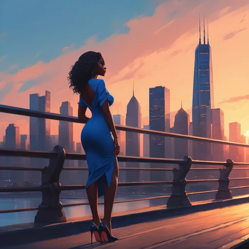 Prompt: a black woman in a blue dress, high heels, is standing on a bridge with a city skyline in the background at sunset, Alena Aenami, romanticism, city background, a matte painting