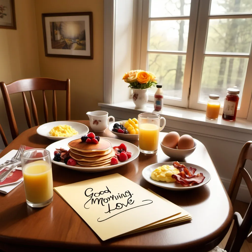 Prompt: Good morning, light shining through a bedroom window into a large dinining room. On the dining room table is a an eloquent breakfast of pancakes with syrup, scrambled eggs, bacon and a bowl of fresh fruit. There is a card that says "Good Morning Love" in handwritten letters on the table.