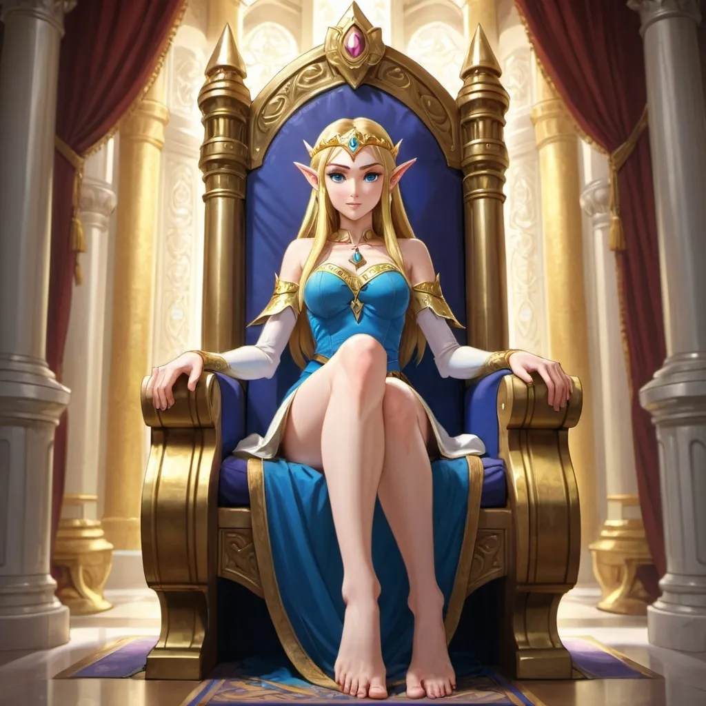 Prompt: Queen <lora:C-PrincessZelda-.5:0.5> Princess Zelda, blonde hair, blue eyes, elf ears (tsundere, sitting on throne), smug, (foot from below, barefoot) <lora:XFI-FeetSitting-.8:0.8> show feet, sole of foot , curvy, at throne room with gold, columns, curtains, (detailed background) backlight masterpiece, best quality, detailed eyes, 4k, highres <lora:U-AddMoreDetails-.5_2:0.6>
