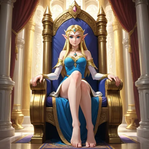 Prompt: Queen <lora:C-PrincessZelda-.5:0.5> Princess Zelda, blonde hair, blue eyes, elf ears (tsundere, sitting on throne), smug, (foot from below, barefoot) <lora:XFI-FeetSitting-.8:0.8> show feet, sole of foot , curvy, at throne room with gold, columns, curtains, (detailed background) backlight masterpiece, best quality, detailed eyes, 4k, highres <lora:U-AddMoreDetails-.5_2:0.6>

