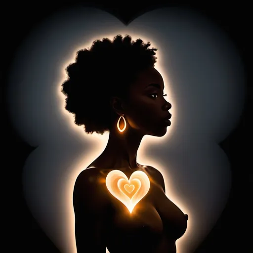 Prompt: "A silhouette with a heart glowing inside":

Imagine a dark silhouette of a black woman, standing tall and confident, with soft glowing light emanating from within their chest. The light forms the shape of a heart, radiating warmth and energy, casting a soft glow around the figure. The heart symbolizes self-love, inner strength, and passion. The surrounding space is serene, perhaps with gentle light streaks or subtle sparkles, representing the idea that this inner glow is powerful enough to light the way through life's challenges. The figure itself is composed of flowing, abstract shapes, suggesting fluidity and openness, implying that the person is connected to their own emotions, power, and authenticity.

This image would inspire a sense of embracing one's true self, radiating positivity from within, and finding strength through self-love and passion. The soft glow of the heart represents how our inner power can shine even through difficult times.