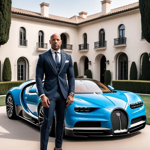 Prompt: A multibillionaire 39 years old light skinned black bald man standing in front of a blue Bugatti Centodieci and in front of a luxurious mansion, the man is dressed in a stylish tailored fitted suit