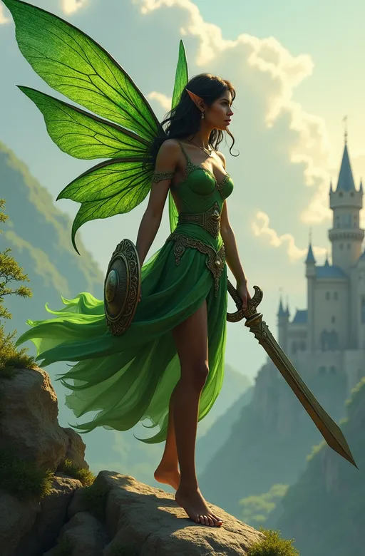 Prompt: Beautiful fairy, realistic, majestic deity, masterpiece quality, black young woman fairy, green fairy clothes, the fairy is hovering slightly above the ground, power and cosmic energy is radiating from the fairy, holding a magic broadsword and shield, big wings, serious face, petite, barefoot, castle in background, realistic, looking away, hovering over ground