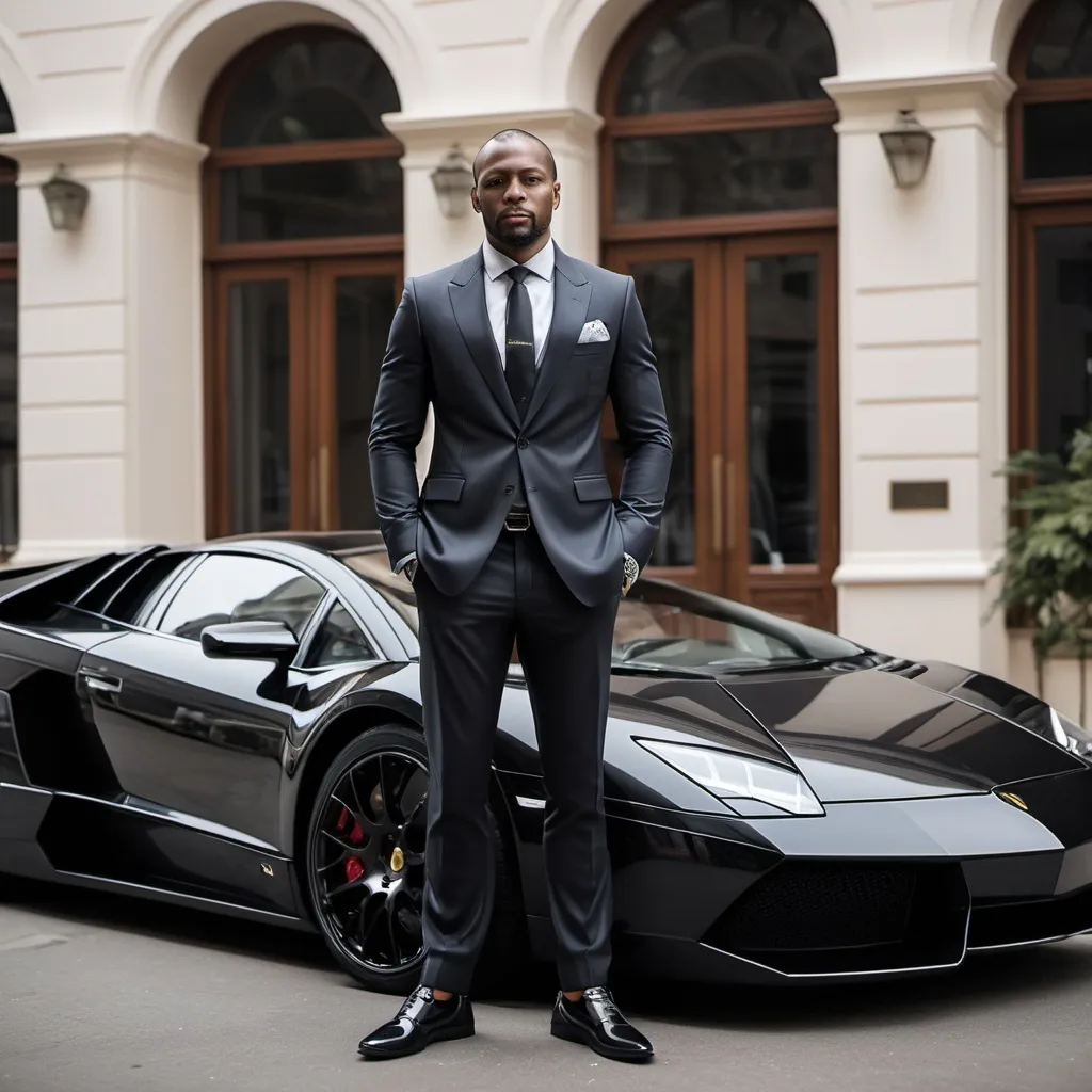 Prompt: A multibillionaire 39 years old light skinned black standing in front of a lamborgini murcielago and in front of a luxurious mension, the man is dressed in a stylish well tailored fitted suit, the man is wearing an expensive watch and shoes