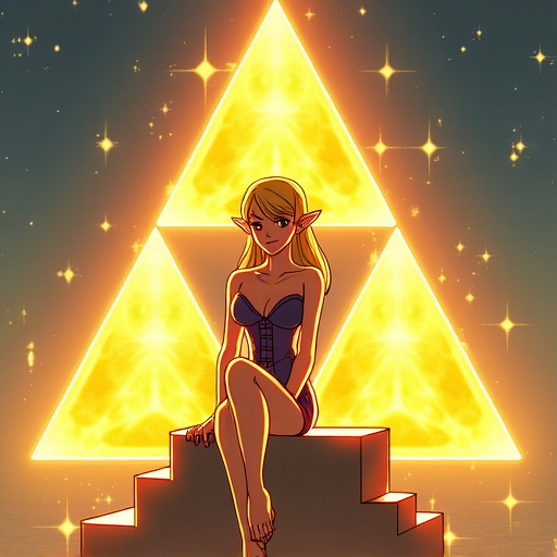 Prompt: The%20triforce,%20from%20%E2%80%9Cthe%20legend%20of%20Zelda%E2%80%9D,%20three%20golden%20triangle%20together%20form%20a%20triangle,%20heavenly,%20radiating%20power,%20the%20triforce%20glows%20in%20the%20sky,%20Princess%20Zelda%20sits%20on%20top%20of%20the%20triforce,%20Zelda%20is%20wearing%20a%20beautiful%20corset%20dress%20that%20is%20short%20cut,%20she%20is%20barefoot,%20she%20has%20a%20deviant%20smile.