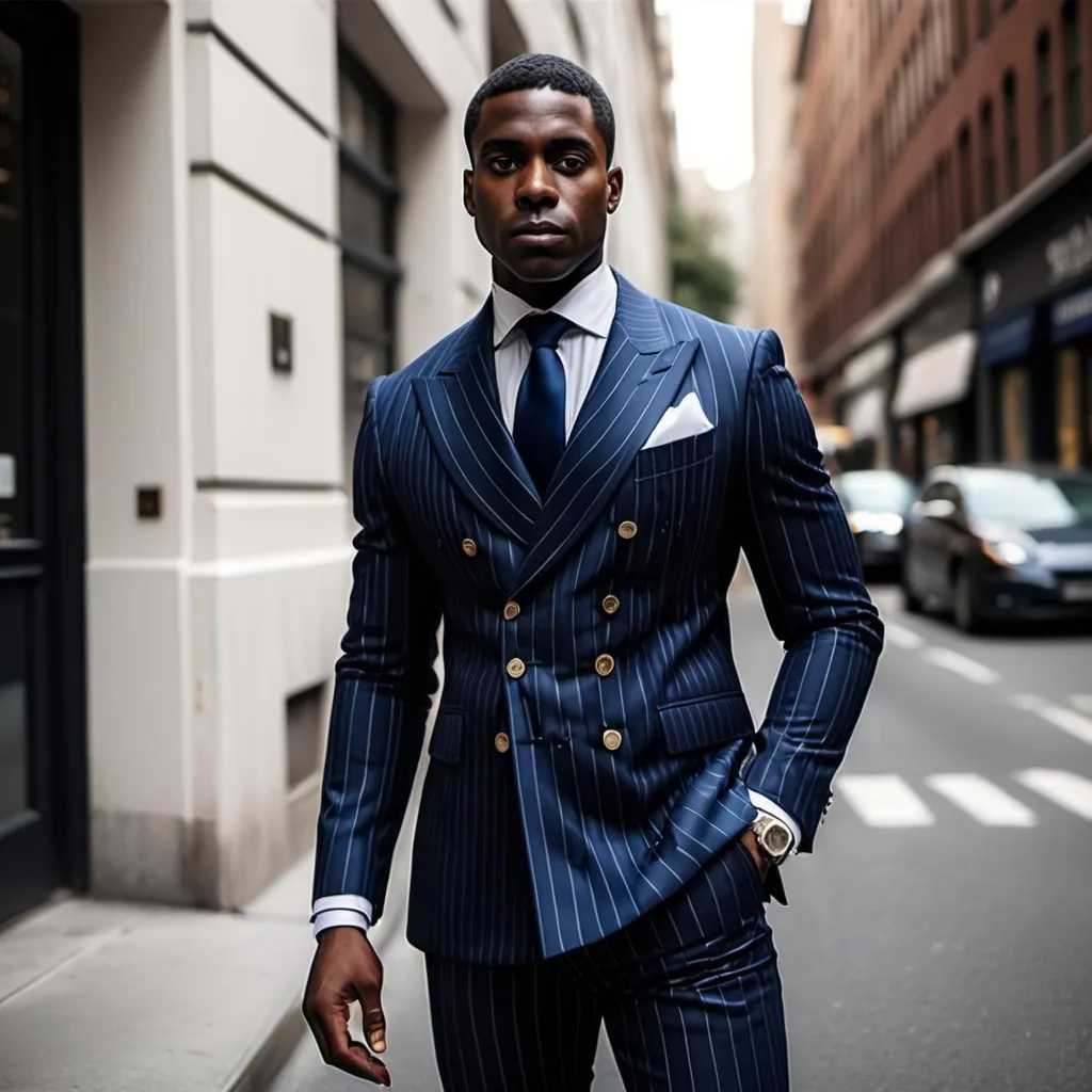 Prompt: Black man wearing a double breasted suit which is full royal dark blue and has clean white strip verticallly on coats, paint and multiple strip with some distances, full view of man
