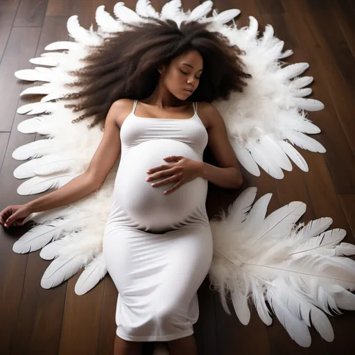 Prompt: pregnant bi-racial black woman, slim petite body, hour glass body,  beautiful,  long fitted white dress, shouulder length brown hair, barefoot, laying on the floor, the floor is covered in white feathers