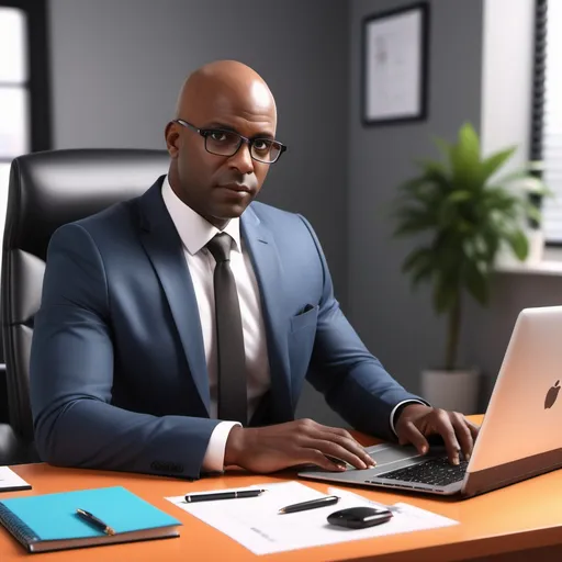 Prompt: (photorealistic), professional office setting, bald black man in business attire (suit and tie), focused expression, casual desk elements like a laptop and stationery, vibrant colors, warm ambient lighting, high attention to detail, clean and organized workspace, sophisticated atmosphere, ultra-detailed, 4K quality, captures the essence of a diligent work environment.