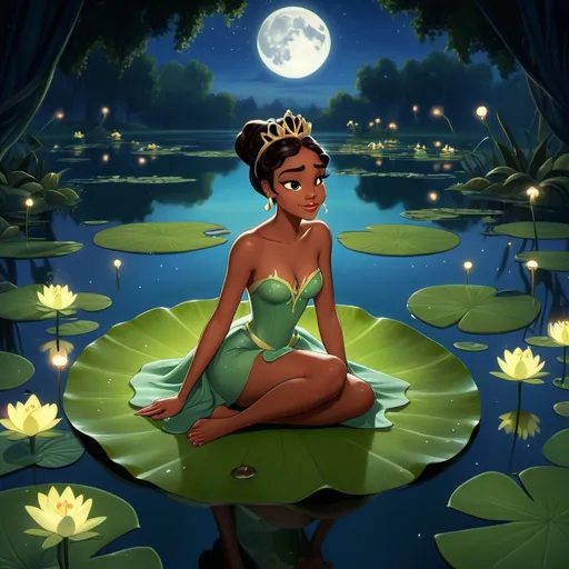 Prompt: Tatiana, princess and the frog, black Disney princess movie, cartoon, seductive, pretty face, full body view,  barefoot, laying on a very huge Lilly pad bed in the middle of a lake, the lilly pad is oversized, low light, frogs are surrounding, moonlight, fireflies
