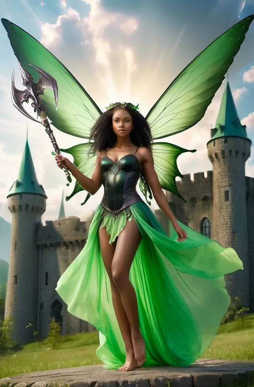 Prompt: Beautiful fairy, realistic, majestic deity, masterpiece quality, black young woman fairy, green fairy clothes, the fairy is hovering slightly above the ground, power and cosmic energy is radiating from the fairy, holding a magic broadsword and shield, big wings, serious face, petite, barefoot, castle in background, realistic, looking away, hovering over ground