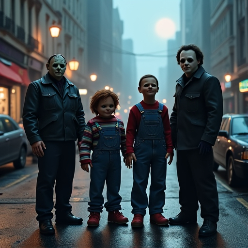 Prompt: Jason from horror movie, chucky doll from child’s play movie, the candy man from the horror film, the masked man from Scream movie, all standing on an urban street, creepy smiley, moonlight, foggy,