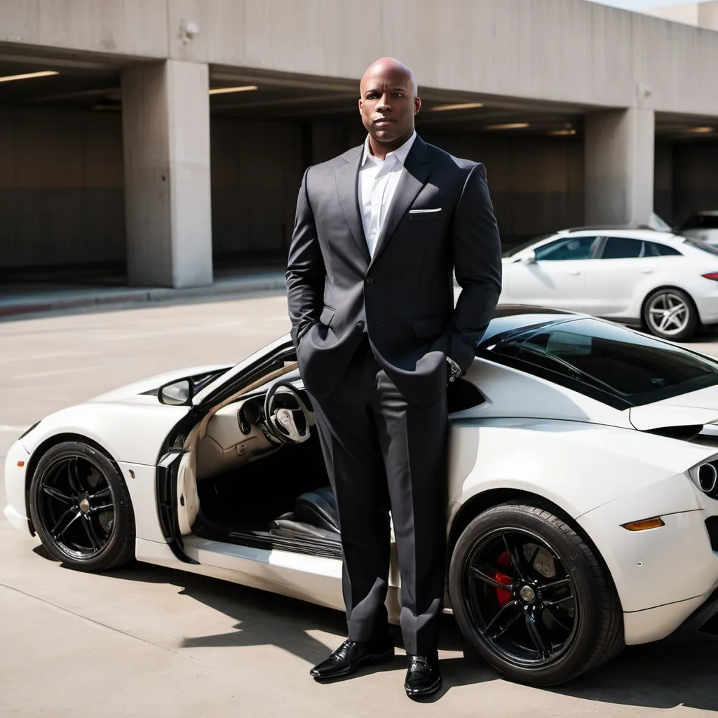 Prompt: Well-dressed bald black man standing next to a sports car with the driver side door open on the top floor of a parking structure.