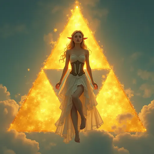 Prompt: The triforce, from “the legend of Zelda”, three golden triangle together form a triangle, heavenly, radiating power, the triforce glows in the sky, Princess Zelda sits on top of the triforce, Zelda is wearing a beautiful corset dress that is short cut, she is barefoot, she has a deviant smile.