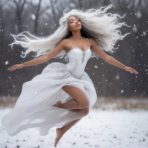 Prompt: Black biracial beautiful woman fairy, very long hair down to her knees, flying slightly above the ground, floating, celestial face, eloquent form fitting fancy white dress, floating over over a snow covered field, hovering in flight, realistic, snowflakes are falling very long straight white hair, hair is down to the ground, masterpiece quality, black young woman fairy, fairy clothes holding magic wand with a snowflake at the top, big wings, serious face, petite, barefoot, seductive smile, realistic, mystical, 