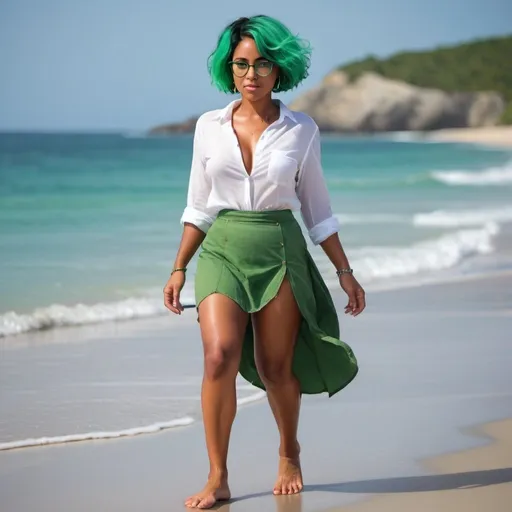 Prompt: masterpiece, high quality Black woman, tanned skin, green hair, large circular glasses, green glasses frames, leg and feet showing, barefoot, white revealing low cut shirt, short skirt, full chest, barefoot full body walking on beach, ocean in background