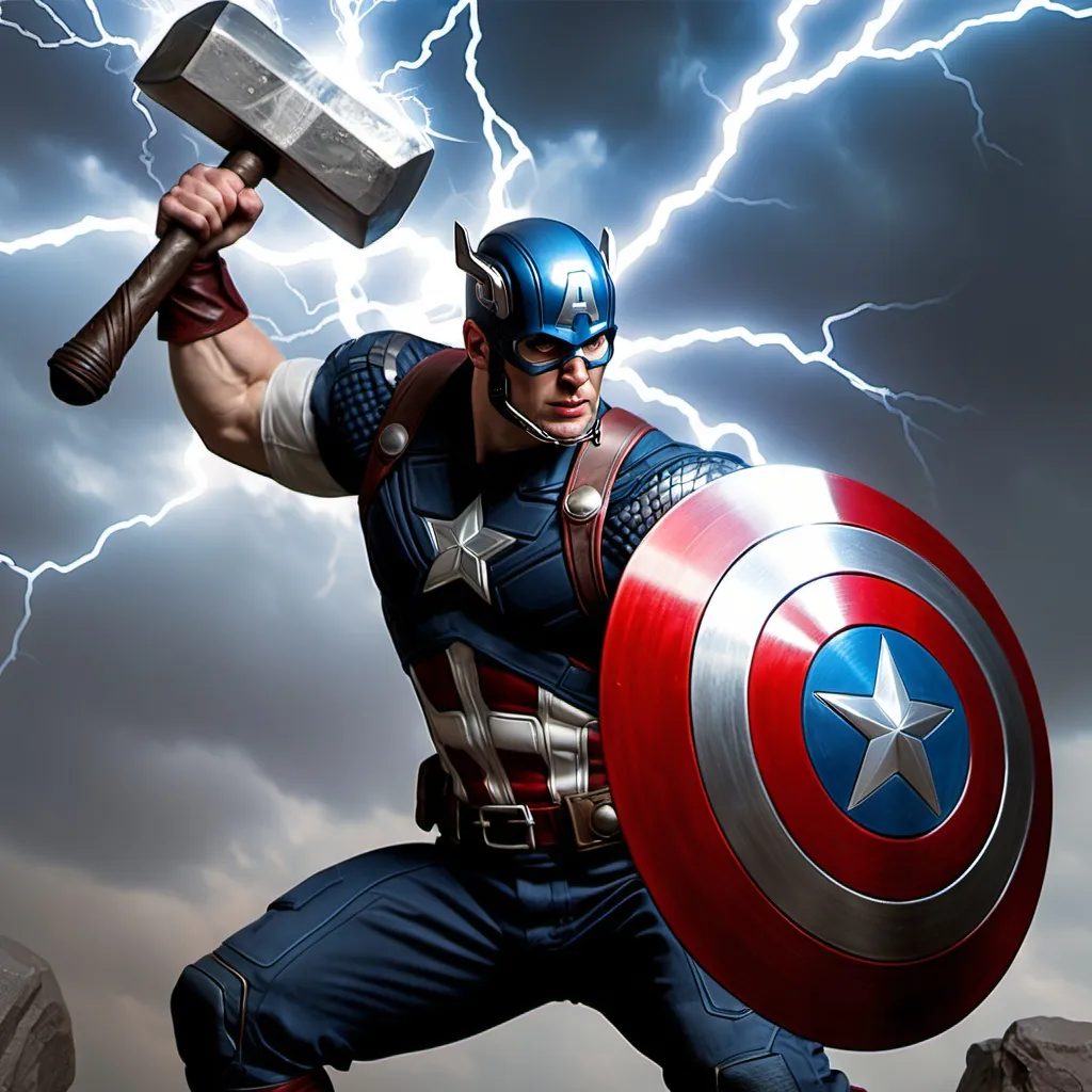 Prompt: Captain America is holding his shield and hold “Thor’s Hammer” lightning is striking ThORs Hammer