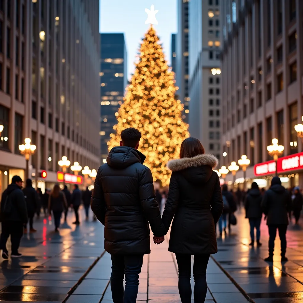 Prompt: new york city time square a beautiful Rockafella center Christmas tree, a young black couple is holding hands.