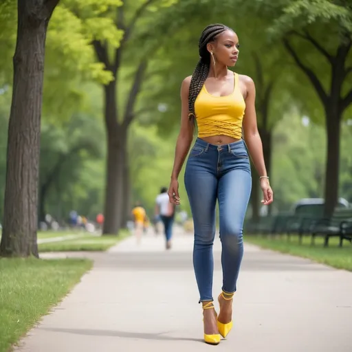 Prompt: Black woman, thin, tanned skin, long braided hair, yellow tank top shirt, blue jeans, yellow high heels, full chest, full body walking in park during the daytime