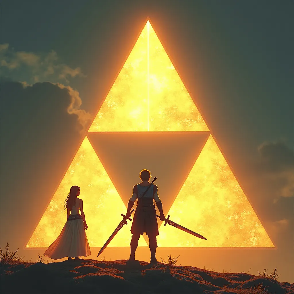 Prompt: The triforce, from “the legend of Zelda”, three golden triangle together form a triangle, heavenly, radiating power, the triforce glows in the sky, Princess Zelda is holding a long broadsword guarding the trice force, Zelda is wearing a beautiful corset dress that is short cut, she is barefoot, Ganondorf from “legend of Zelda” King of evil stands in the distance in full black armor.