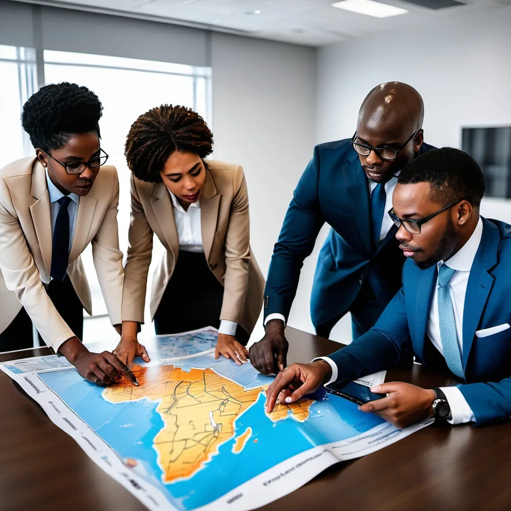 Prompt: Black african american corporate professionals looking at a map on a table during a training session with a phone on the table

