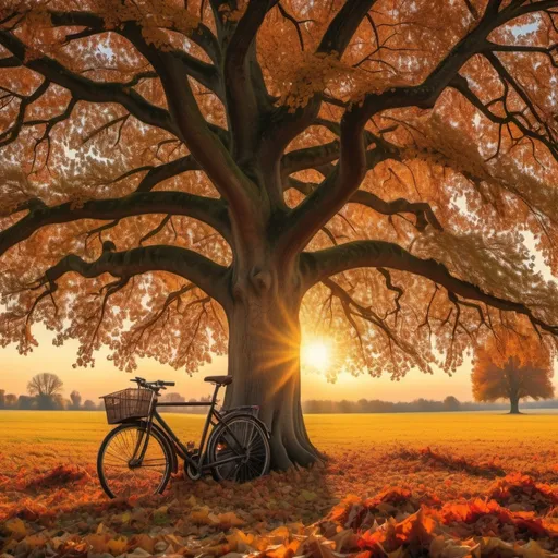 Prompt: Huge oak tree in large field, autumn, leaves are red, yellow, brown and fall colors, the sun is setting, leaves cover the grass field, a bicycle is on the ground in the leaves, a black  stands and gazes at the sunset