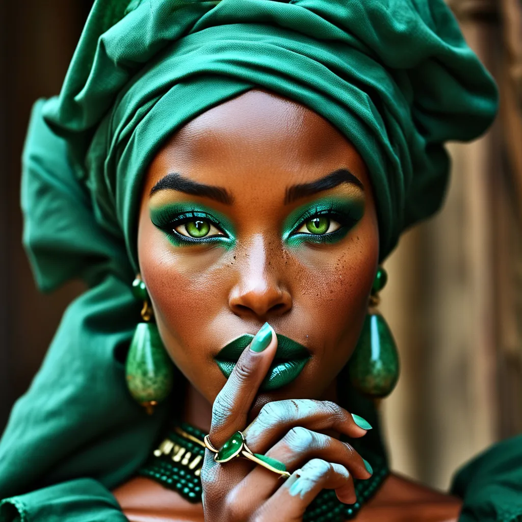 Prompt: African Esmeralda (The Hunchback of Notre-Dame), mysterious smile, full body view, memorizing green eyes, finger index finger is over her lips "secret"