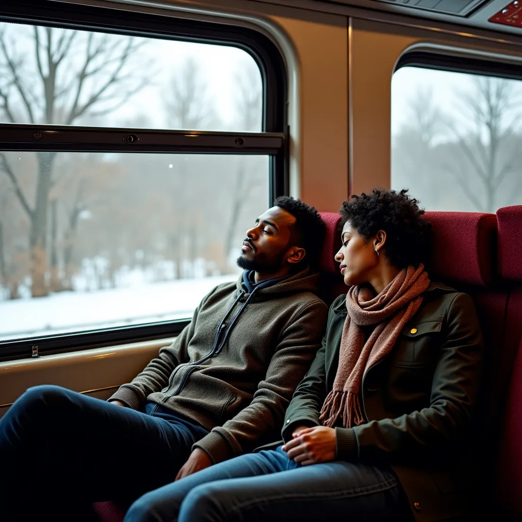 Prompt: A young black couple sitting together on a train, the black woman is on her seat sleeping, the man is looking out the window, large train window, snowy outside, warm train, Christmas time