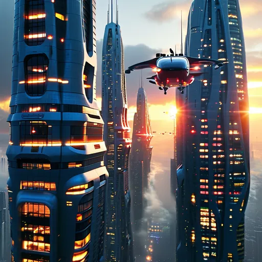 Prompt: A futuristic city, tall skyscraper buildings, the skyscrapers have many windows, view is from the sky, there is a flying police car, the police hover craft car has an aerodynamic shape, the police car has blue and red strobe lights on top, it is night time, all of the flying cars are airborne, the sky is cloudy