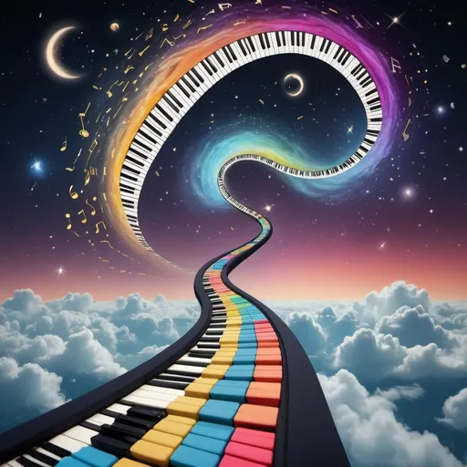 Prompt: A long curvy road made of piano keys, the road is floating in the cosmos in space, colorful music notes are raining from the clouds above