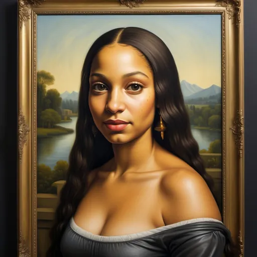 Prompt: A painting of a light skinned black woman made to look like the Mona Lisa, full painting in frame, oil painting
