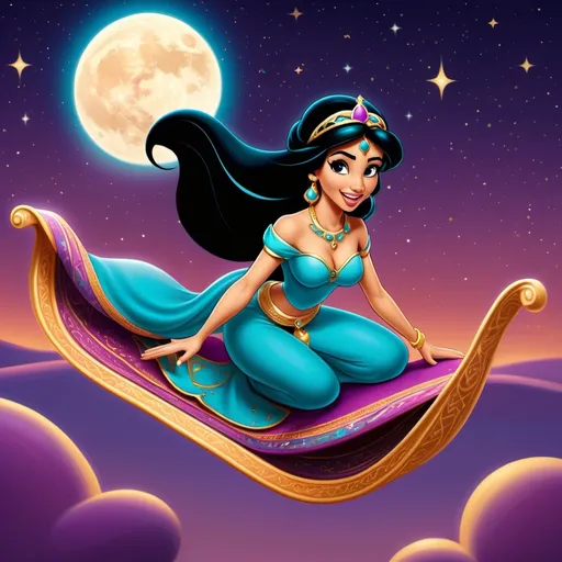 Prompt: Princess Jasmine is riding a flying magic carpet flying through the Arabian night sky.