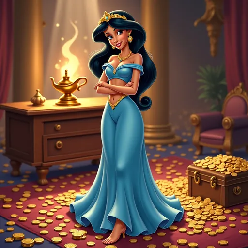 Prompt: princess jasmine wearing a blue arabian princess outfit, disney movie "aladdin,  seductive smile, full body head to toe view, ,seductive smile, barefoot, in large palace room, magic genie lamp is on dresser, Jasmine is in a lavish room filled with gold, gemstones, and treasure chest, the bed is covered in lot of gold coins and few gemstones