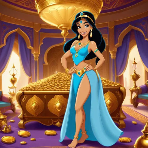 Prompt: princess jasmine wearing a blue arabian princess outfit, disney movie "aladdin,  cartoon, seductive smile, full body head to toe view, ,seductive smile, barefoot, in large palace room, magic genie lamp is on dresser, Jasmine is in a lavish room filled with gold, gemstones, and treasure chest, the bed is covered in lot of gold coins and few gemstones