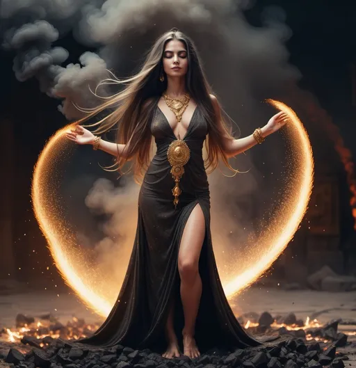 Prompt: Evil female deity, long hair reaching down too ankles, gold jewelry, exotic dress, celestial power radiating, beautiful, dark clothing, short dress, seductive smile barefoot, standing on ground covered in ashes and hot small coals