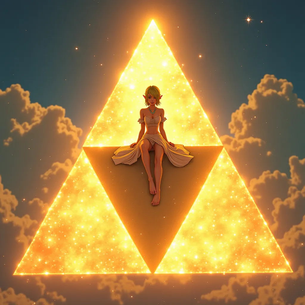 Prompt: The triforce, from “the legend of Zelda”, three golden triangle together form a triangle, heavenly, radiating power, the triforce glows in the sky, Princess Zelda sits on top of the triforce, Zelda is wearing a beautiful corset dress that is short cut, she is barefoot, she has a deviant smile.