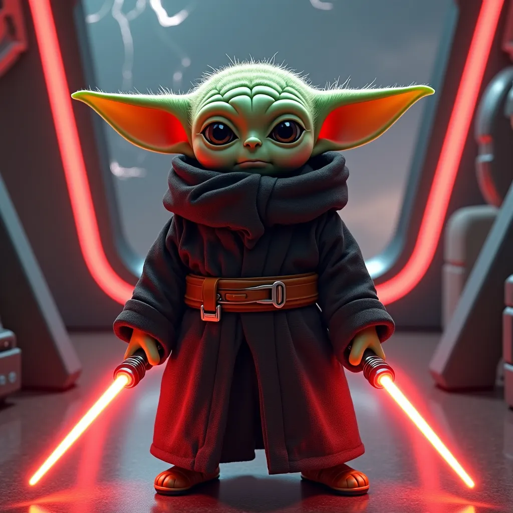 Prompt: (medium full shot) of baby Yoda,  light brown ski, wearing a black Jedi robe , simple cloth belt, tall leather boots, Jedi communicator, holding two lightsabers with red blades.  serious face, set in  a compact, agile spaceship, with minimalistic design and the hum of the hyperdrive, a place of speed and agility, at twilight, ,Masterpiece, best quality, photorealistic, amazing quality, very aesthetic, extremely detailed face, lightning storm in background