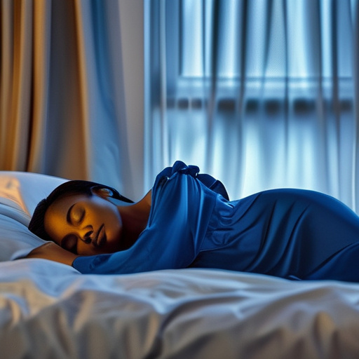 Prompt: Beautiful young black Woman, blue nightgown,  sleeping in bed if shades of gray color, background is huge bedroom window revealing night sky