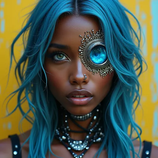 Prompt: Photo of a very dark-skinned attractive woman, realistic look, slightly kissing mouth, detailed realistic white teeth, disheveled long blue hair, direct eye contact, open blue detailed eyes, high level of detail, every pore is visible, realistic, 
woman is futuristically transformed into a chrome-plated structure covered in wires. The left blue eye is shown in photo-realistic detail. the right eye futuristic. It is surrounded by silver and gold detailed small shapes against an abstract background that depicts dark yellow tones as dripping paint
background with pastel highlights , individual bright lights, professionally detailed eyes, realistic lighting, high resolution