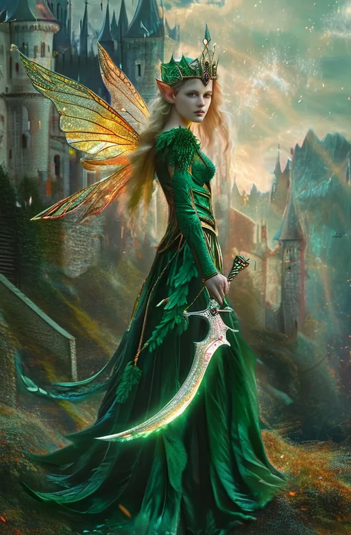 Prompt: Beautiful fairy, realistic, majestic deity, masterpiece quality, black young woman fairy, green fairy clothes, the fairy is hovering slightly above the ground, power and cosmic energy is radiating from the fairy, holding a magic broadsword and shield, big wings, serious face, petite, barefoot, castle in background, realistic, looking away, hovering over ground