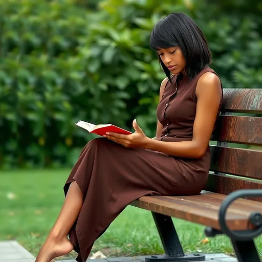 Prompt: Slim brown skin black beautiful woman, form fitted slim long brown button down dress, barefoot, short straight shoulder length hair, sitting on bench reading a book