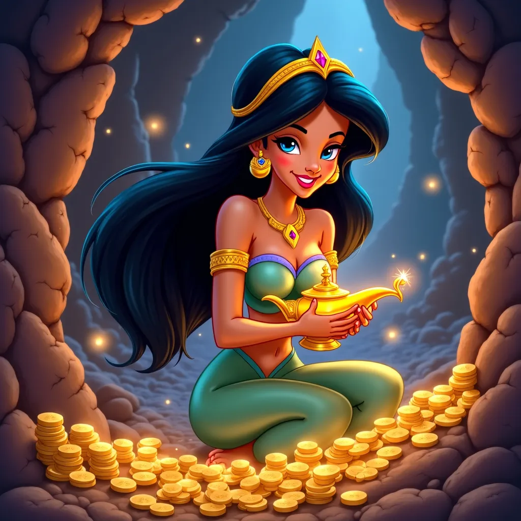 Prompt: Princess Jasmine in a cave filled with gold coins and gems, Princess Jasmine is holding the gold genie lamp, smiling with am evil grin