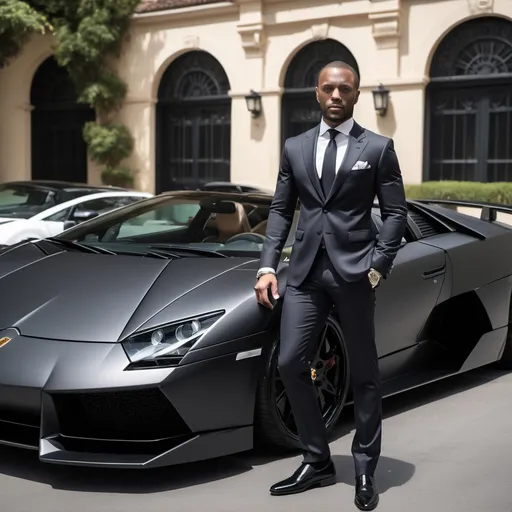 Prompt: A multibillionaire 39 years old light skinned black standing in front of a lamborgini murcielago and in front of a luxurious mension, the man is dressed in a stylish well tailored fitted suit, the man is wearing an expensive watch and shoes