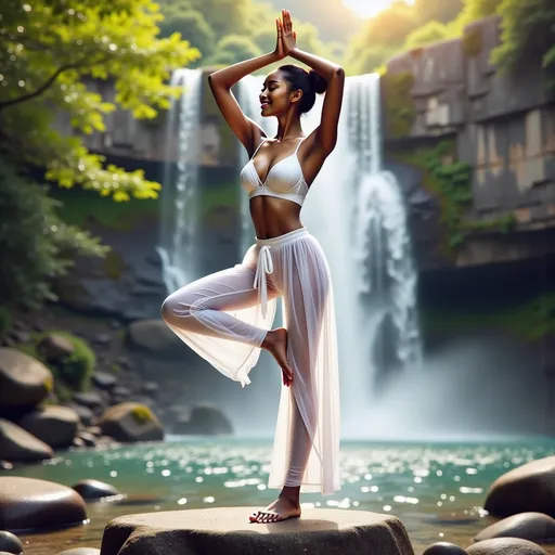 Prompt: An 18-year-old black woman with classic beauty, standing at 168 cm tall, with measurements of 120cm, 62 cm, and 98cm.
Wearing white base layers
She is in Vrksasana (Tree Pose) against the backdrop of the waterfalls . Vrksasana involves standing on one leg while placing the foot of the other leg on the inner thigh of the standing leg, with hands brought together above the head
adorned with rich fabrics and intricate details, ambient lighting that enhances the elegance, soft golden tones, an aura of grandeur and sophistication, (highly detailed, ultra-detailed, 4K resolution).
Full body view