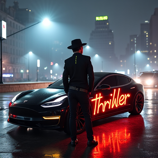 Prompt: Micheal Jackson in thriller outfit, standing in front of a futuristic Tesla car, the Tesla is Spray painted with the word “thriller”, night time, urban city, foggy night