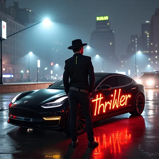 Prompt: Micheal Jackson in thriller outfit, standing in front of a futuristic Tesla car, the Tesla is Spray painted with the word “thriller”, night time, urban city, foggy night